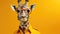 Trendy giraffe with a jacket and glasses on a yellow color background, copy space