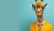 Trendy giraffe with a yellow jacket and glasses on a blue color background