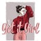 Trendy girl in red pullover with lettering