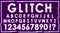 Trendy glitch effect. White pixel letters and numbers on purple background with pink, blue green, yellow buzz.