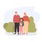 Trendy grandparents with granddaughter in park outdoors. Grandchild holding a flowers bouquet for granny. Concept for