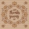 Trendy Happy Thanksgiving Day card, Autumn frame, lettering, cardboard background