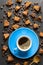 Trendy healthy coffee with chaga mushroom. Dry and fresh mushrooms and coffee beans on a dark background.