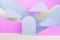 Trendy hipster scene with arch podium mockup, abstract mountain landscape with pastel pink, lilac, white color, clouds. Vapor wave