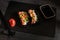 Trendy Hybrid Food Sushi Tacos with salmon, rice and edamame beans