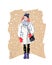 A trendy illustration depicting a young girl in a winter coat, hat and woolen gloves against the background of falling snow.