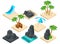 Trendy isometrics set of summer icons for creating your own vector illustration. 3D stones, palm trees, sea, suitcase