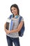 Trendy latin student girl holding notepad folder and book carrying backpack smiling happy