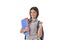 Trendy latin student girl holding notepad folder and book carrying backpack smiling happy