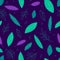 Trendy leaves seamless pattern on the dark backdrop. Nature background in stylish colours - green, turquoise and purple.