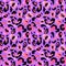 Trendy leopard coat seamless pattern with pink and black spots on neon purple background. 80s-90s style