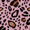 Trendy leopard or jaguar seamless pattern with blavk spot rosettes on purple pink background. Wild cat skin print