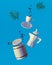 Trendy levitation Flying coffee beans, espresso cup with saucer and wooden storage barrel with lid. and ceramic stove coffee maker