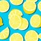 Trendy minimal summer seamless pattern with whole, sliced fresh fruit lemon on color background