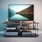 A trendy and minimalistic metal and glass TV stand with open shelves