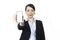 Trendy Mobile Phone. Portrait of cheerful young woman holding cellphone with black blank screen in hand, showing device. Gadget wi