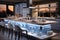 Trendy modern luxury kitchen boasting a captivating white LED lighting scheme