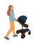 Trendy mother with baby carriage. Cartoon woman rolls toddler stroller. Isolated female moves pram. Device for