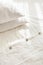 Trendy organic natural linen bedclothes with wooden buttons closeup. Bedding