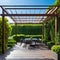 Trendy outdoor patio pergola shade awning and patio garden metal grill surrounded by