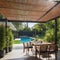 Trendy outdoor patio pergola shade awning and patio garden metal grill surrounded by