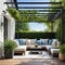 Trendy outdoor patio pergola shade awning and patio garden metal grill surrounded by