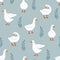 Trendy pattern with cute white gooses and leaves. Seamless scandinavian geese pattern. Vector domestic goose