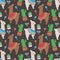 Trendy peruvian cartoon llama with cactus und rumba shaker seamless pattern on dark black background