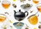 trendy photo of levitating tea cups and tea pot with loose herb tea over white background created with generative ai