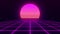 Trendy retro futuristic pink neon lights 3d road to the sun on background.