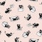 Trendy seamless pattern with comic kitten and its everyday activities against light pink background. Funny cartoon cat