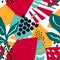 Trendy seamless pattern with grapes, monstera leaves, watermelon and papaya.