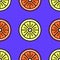 Trendy seamless pattern with oranges and lemon slices on a vibrant violet background. Cute background with citrus slices