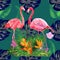 Trendy seamless pattern pink flamingo birds couple. Bright camelia flowers. Tropical monstera green leaves