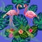 Trendy seamless pattern pink flamingo birds couple. Bright camelia flowers. Tropical monstera green leaves