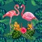 Trendy seamless pattern pink flamingo birds couple. Bright camelia flowers. Tropical monstera green leaves