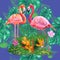 Trendy seamless pattern pink flamingo birds couple. Bright camelia flowers. Tropical monstera green leaves