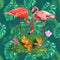 Trendy seamless pattern pink flamingo birds couple. Bright camelia flowers. Tropical monstera green leaves