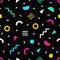 Trendy seamless pattern with small bright colored geometric shapes and lines on black background. Colorful simple