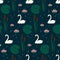 Trendy seamless pattern with white swans, water lily, bulrush and leaves on dark blue background.