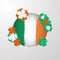 Trendy Shamrock Round frame with white, green and orange cut-out paper shape 3d stylized leaf clover on white background.