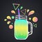 Trendy smoothie design. Jar painted with chalk and colored shapes around. Healthy Diet