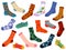 Trendy socks. Stylish woolen and cotton sock design with texture and pattern. Cartoon modern socks. Flat winter clothing