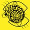 Trendy spiral shell with eyes on a yellow background