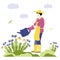 Trendy spring, gardening people concept. Man watering spring flowers