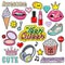 Trendy sticker pack heart, crown, lips, diamond. Cute fashion stikers kit. Doodle pop art sketch badges and pins. Vector