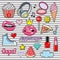 Trendy sticker pack heart, crown, lips, sneakers, cloud, diamond. Cute fashion stikers kit. Doodle pop art sketch badges