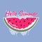 Trendy summer sticker of a bright bitten watermelon. The inscription hello summer. Colorful postcard modern illustration for web