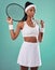 Trendy tennis player, fit athlete and active woman ready to play with racket in cool sports uniform while posing against