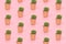 Trendy tropical pattern made with cactus in little pots on bright light pink background